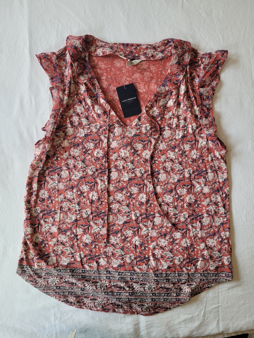 NWT Lucky Brand Rust Floral Tie-Neck Cap Sleeve Top Size M